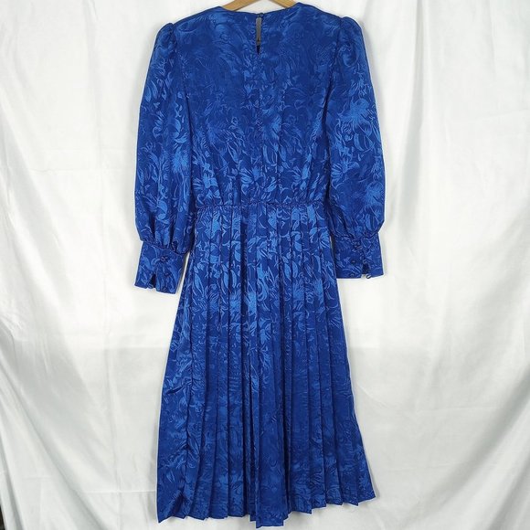 Vintage Sweet Miranda Royal Blue Floral Pleated Long Sleeve Midi Dress Size 8 - Picture 1 of 13
